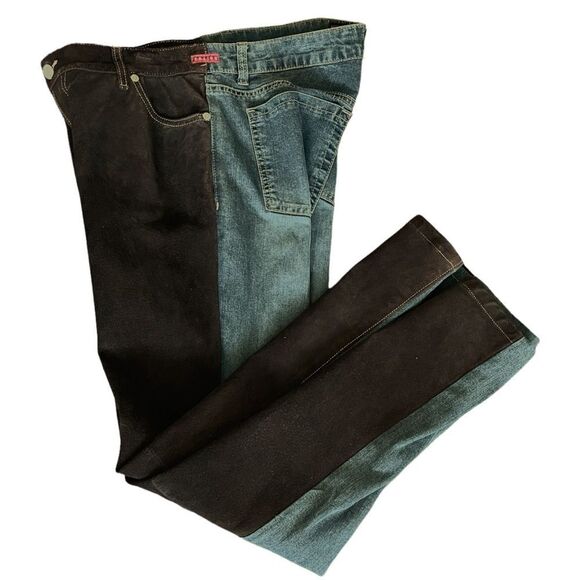 Y2K Vintage Fuzion Pouttana Brown Suede Front Jean Two Tone Straight Jeans Sz 12 - Picture 3 of 15